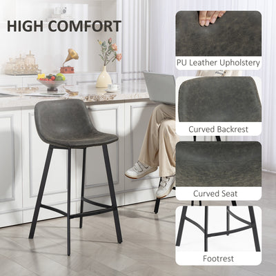 HOMCOM Bar Stools Set of 2, PU Leather Dining Stools with Backrest, Footrest, for Kitchen, Counter, Breakfast Bar, Grey 