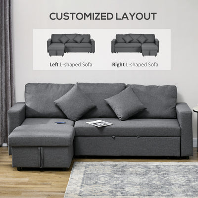 HOMCOM Corner Sofa Bed with Storage, 3 Seater Pull Out Sofa Bed, Convertible L Shape Sofa Couch with Reversible Chaise Lounge for Living Room, Dark Grey 
