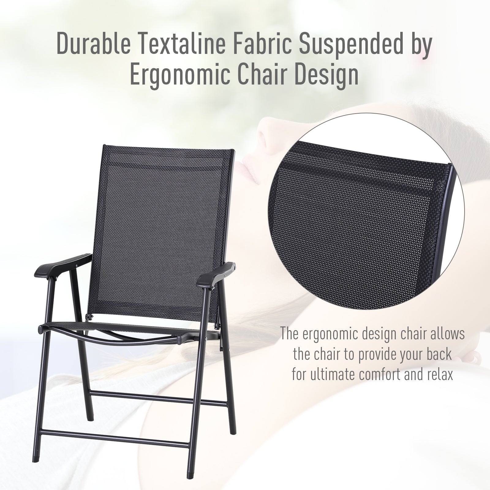 Outsunny Steel Frame Set of 2 Foldable Outdoor Garden Chairs Black 