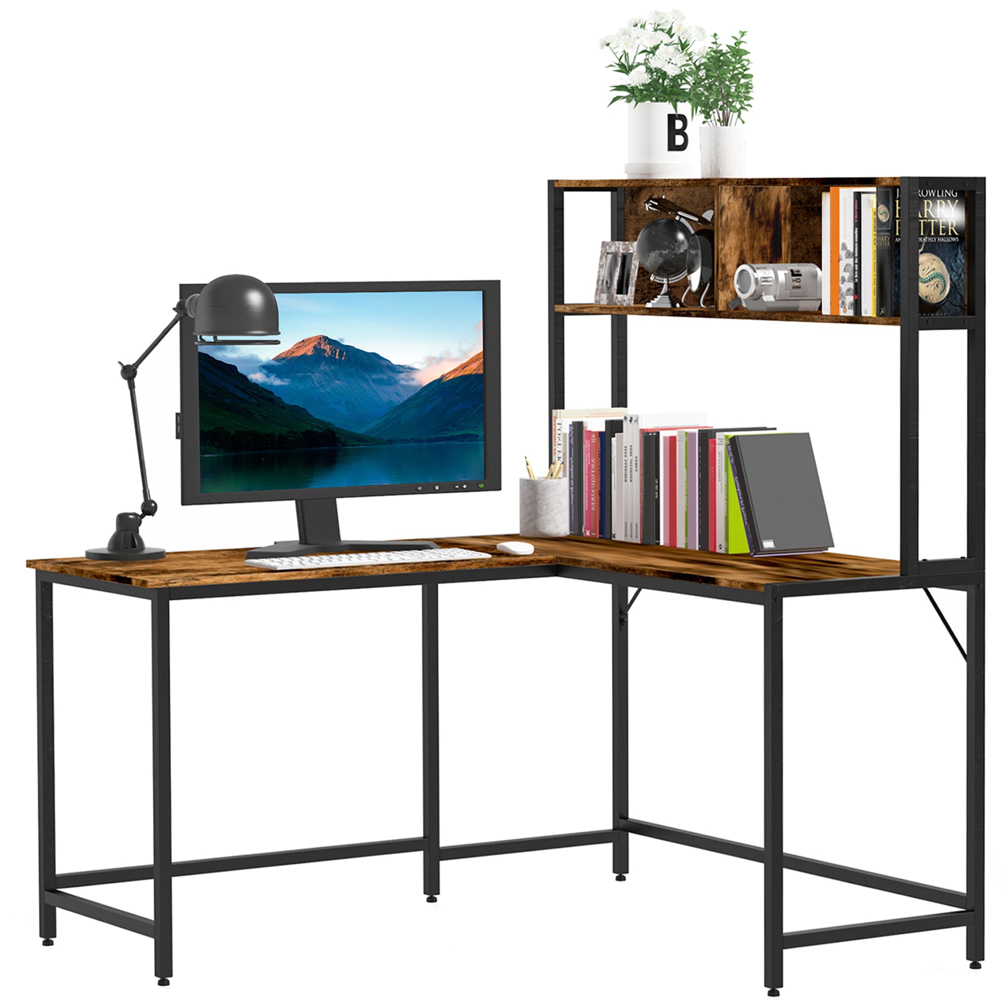 HOMCOM Reversible L Shaped Desk with Hutch, Industrial Computer Desk, Corner Desk with Storage Compartments and Steel Frame for Home Office, Study, 140 x 125cm, Brown 
