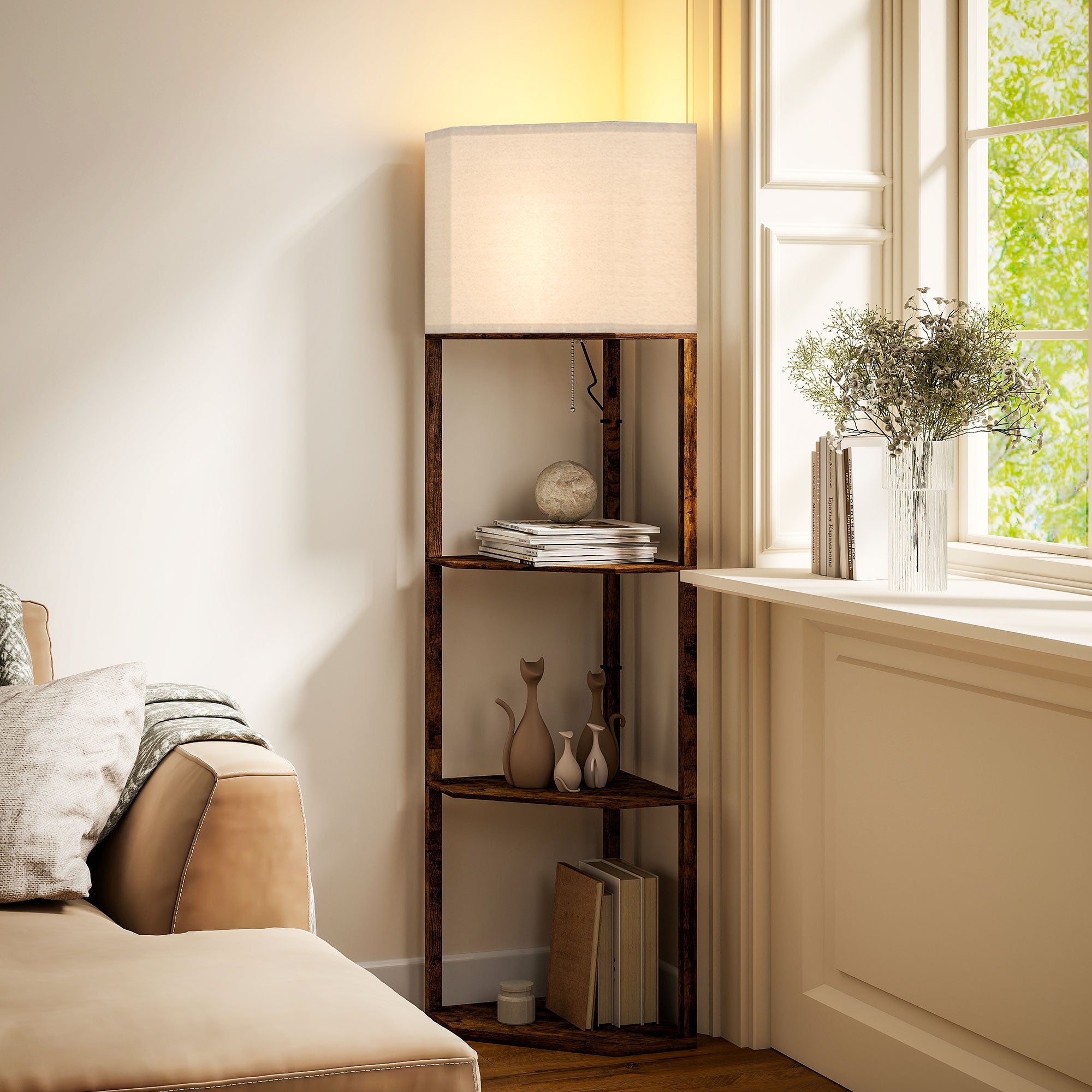 HOMCOM Corner Floor Light, with Shelves - Wood-Effect 