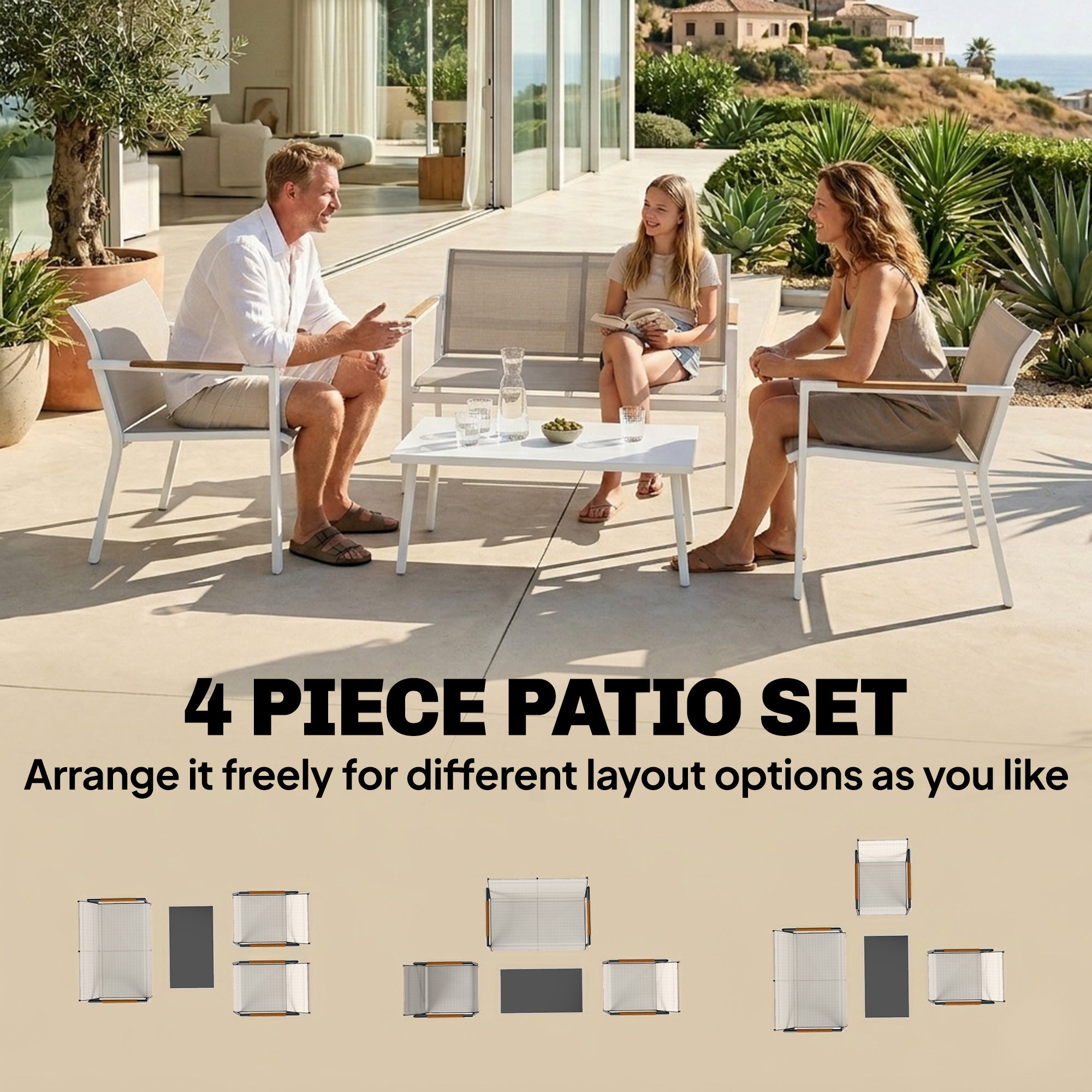 Outsunny 4 Seater Garden Furniture Set with Loveseat, Armchairs, Table, Metal Garden Sofa Set with Breathable Seats, Khaki 