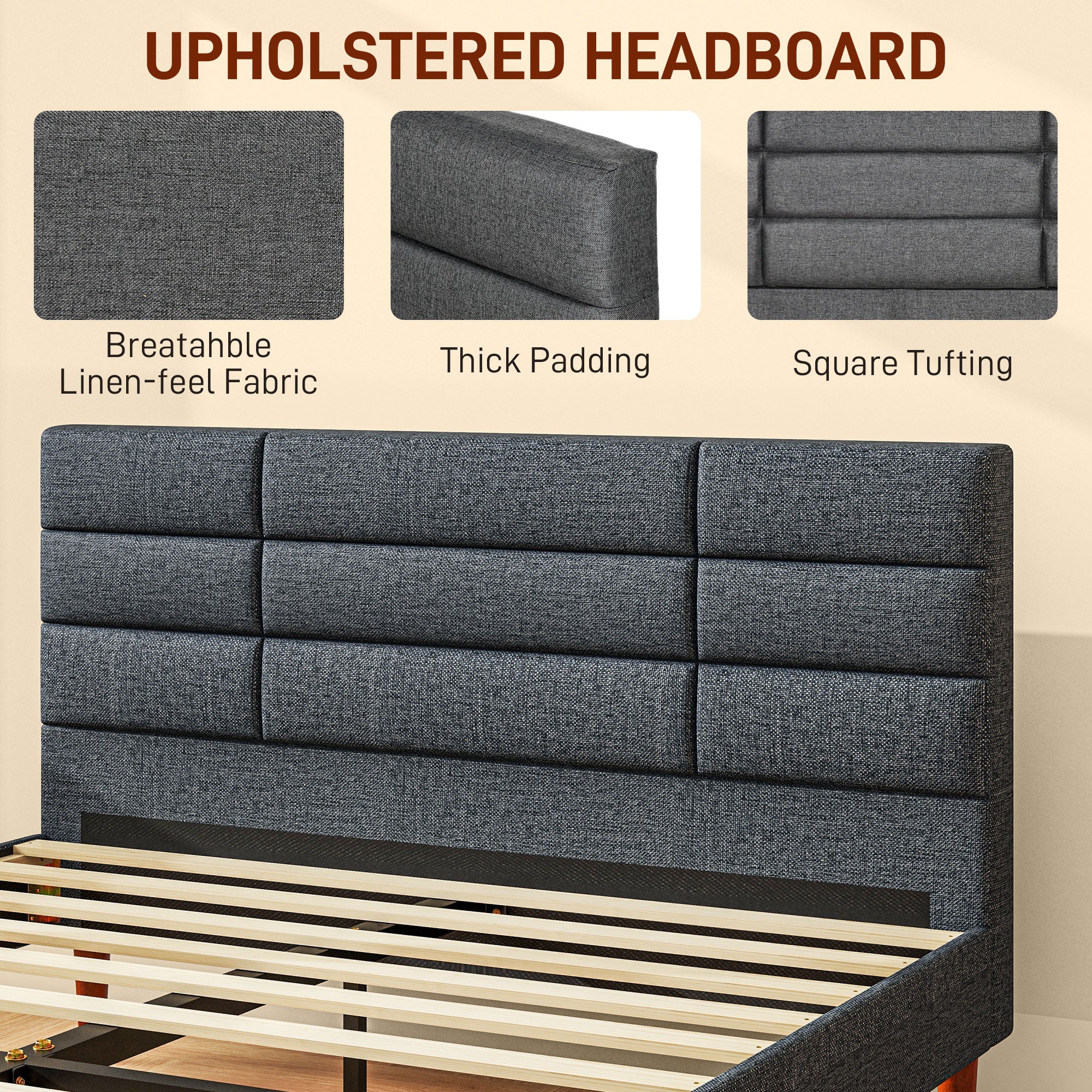 HOMCOM Upholstered Double Bed Frame, with Slats - Grey