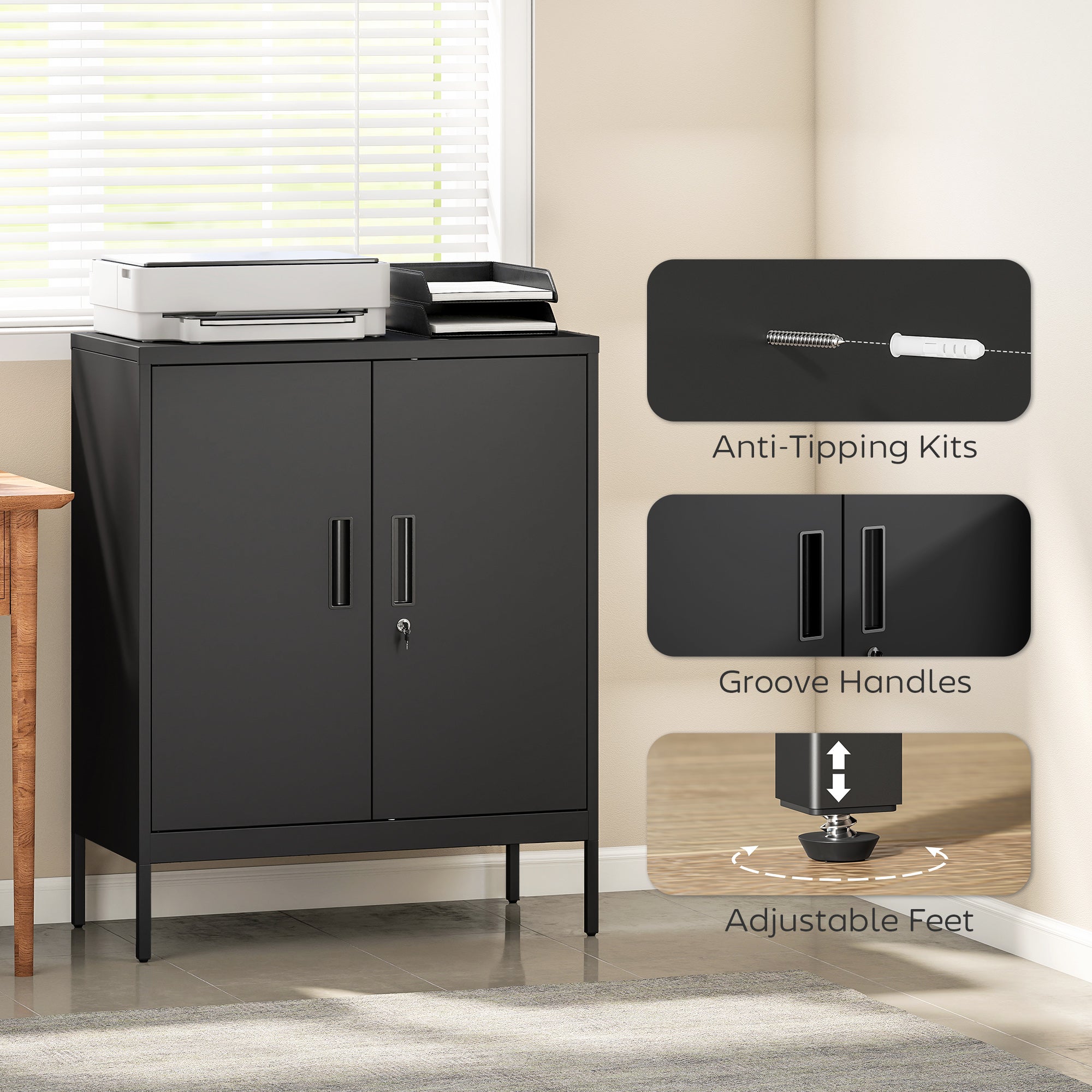 HOMCOM Metal Storage Cabinet with Lock and Adjustable Shelves - Black 