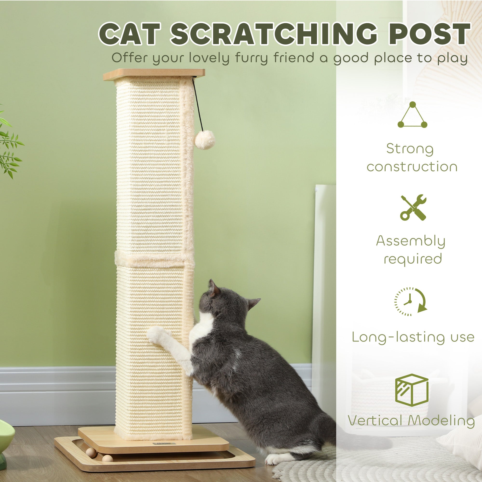 PawHut 3-in-1 Cat Scratching Post, 87cm Cat Scratcher w/ Track Ball Toy, Oak Tone 