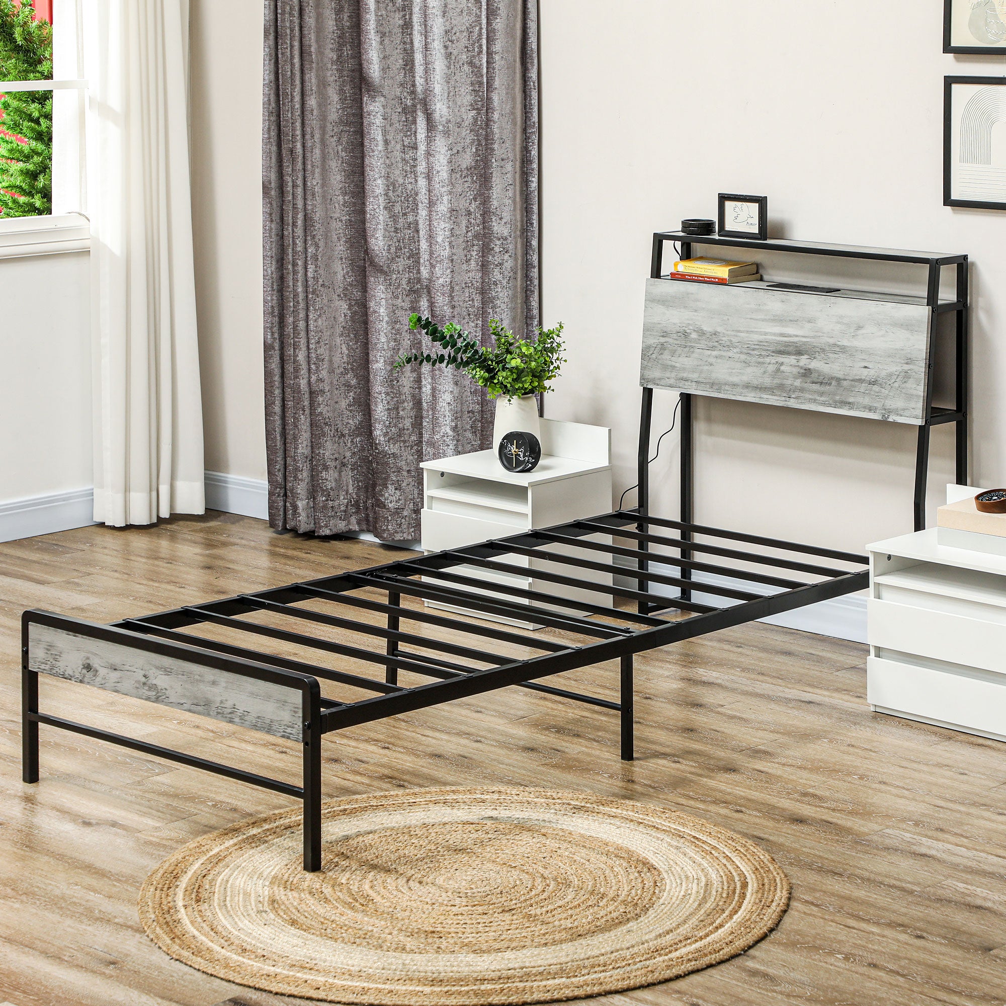 HOMCOM Single Steel Bed Frame, with LED Lights and Headboard Shelf - Grey 