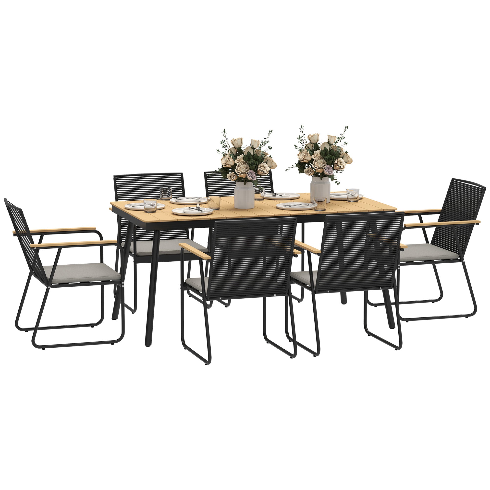 Outsunny 6 Seater Garden Dining Set with Soft Cushions, Rattan Backrest, Rectangular Plastic Top, Garden Furniture Set, Outdoor Dining Table and Chairs for Patio, Balcony, Poolside, Nature Wood Finish 