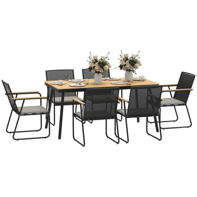 Outsunny 6 Seater Garden Dining Set with Soft Cushions, Rattan Backrest, Rectangular Plastic Top, Garden Furniture Set, Outdoor Dining Table and Chairs for Patio, Balcony, Poolside, Nature Wood Finish 