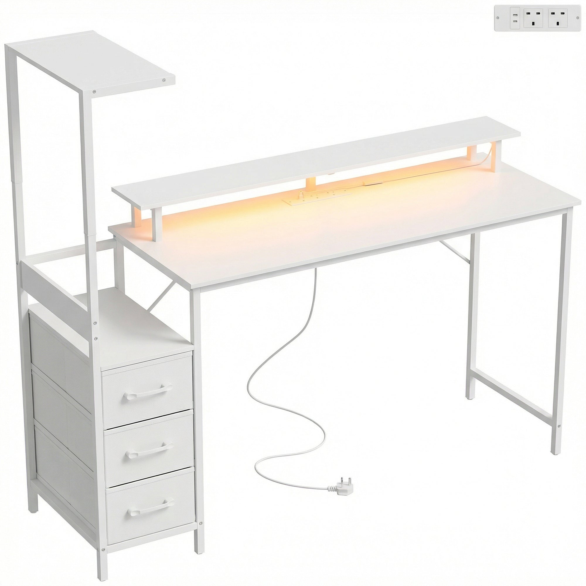 HOMCOM 147cm Gaming Desk with Charging Station and Monitor Stand, Computer Table for Home Office with RGB Lights, White 