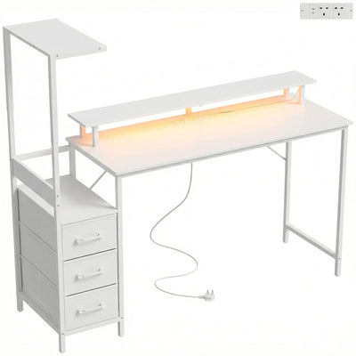 HOMCOM 147cm Gaming Desk with Charging Station and Monitor Stand, Computer Table for Home Office with RGB Lights, White 