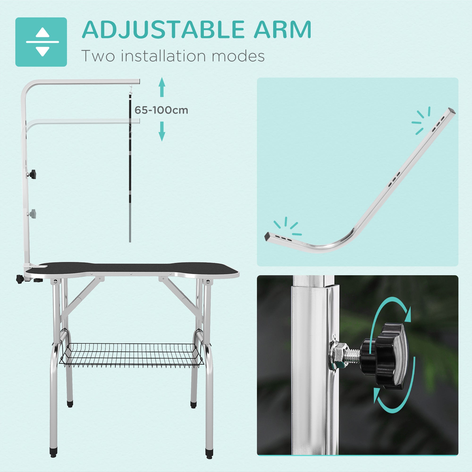 PawHut Foldable Dog Grooming Table Pet Drying Table with Adjustable Arm Non-Slip Rubber Tabletop Aluminium Alloy Edge Stainless Steel Bar Sling 94.5 x 55 x 81cm Black 