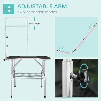 PawHut Foldable Dog Grooming Table Pet Drying Table with Adjustable Arm Non-Slip Rubber Tabletop Aluminium Alloy Edge Stainless Steel Bar Sling 94.5 x 55 x 81cm Black 