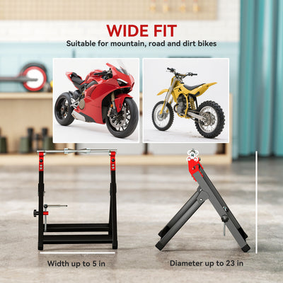 HOMCOM Foldable Motorcycle Wheel Balancer Truing Stand with Spoke Wrench, Steel Bike Tyre Rim Balancing Stand with Aluminium Shaft, Fits Wheels up to 23" in Diameter, 5" in Width, Black 