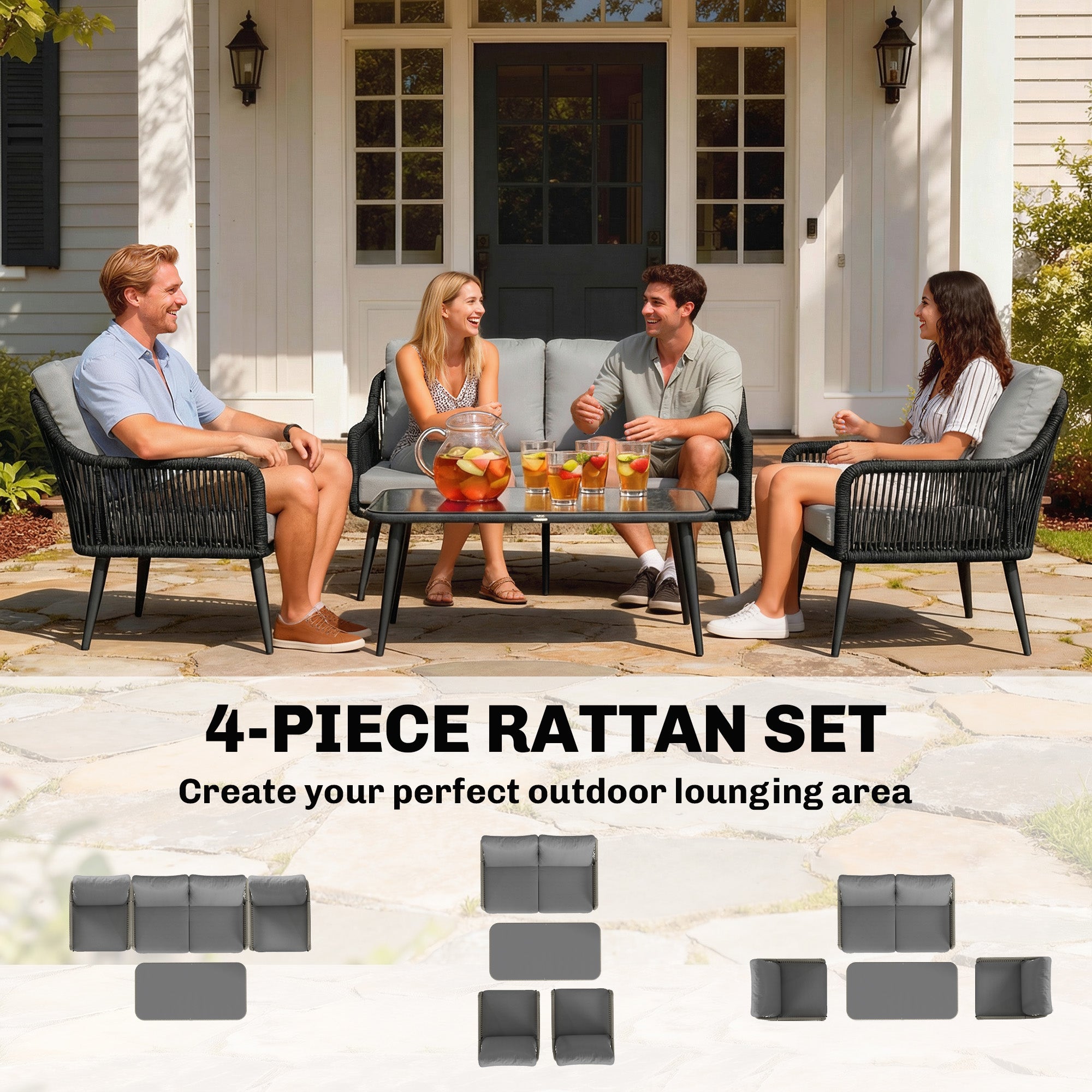 Outsunny Rattan Garden Furniture Set, 4 Piece Outdoor Patio Furniture with Tempered Glass Table and Chairs, Indoor Balcony Conservatory Set 