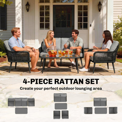 Outsunny Rattan Garden Furniture Set, 4 Piece Outdoor Patio Furniture with Tempered Glass Table and Chairs, Indoor Balcony Conservatory Set 