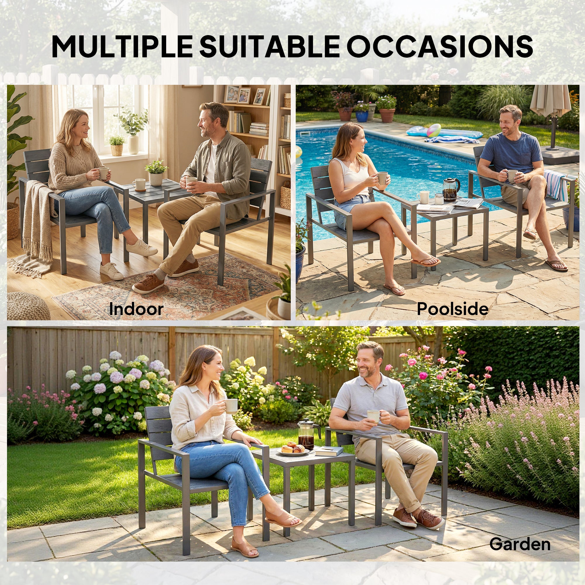 Outsunny 3 Pieces Garden Bistro Set for 2, Outdoor Bistro Table and Chairs with Metal Frame, Plastic Patio Furniture Set 