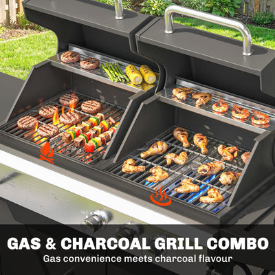 Outsunny 2+1 Burner Hybrid Dual Fuel BBQ Gas Grill, 2-in-1 Propane & Charcoal Barbecue Grill Smoker Combo with Wheels, Black 
