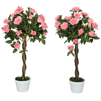 Outsunny Set of 2 Artificial Plants Pink Rose Floral in Pot, Fake Plants for Home Indoor Outdoor Decor, 90cm 