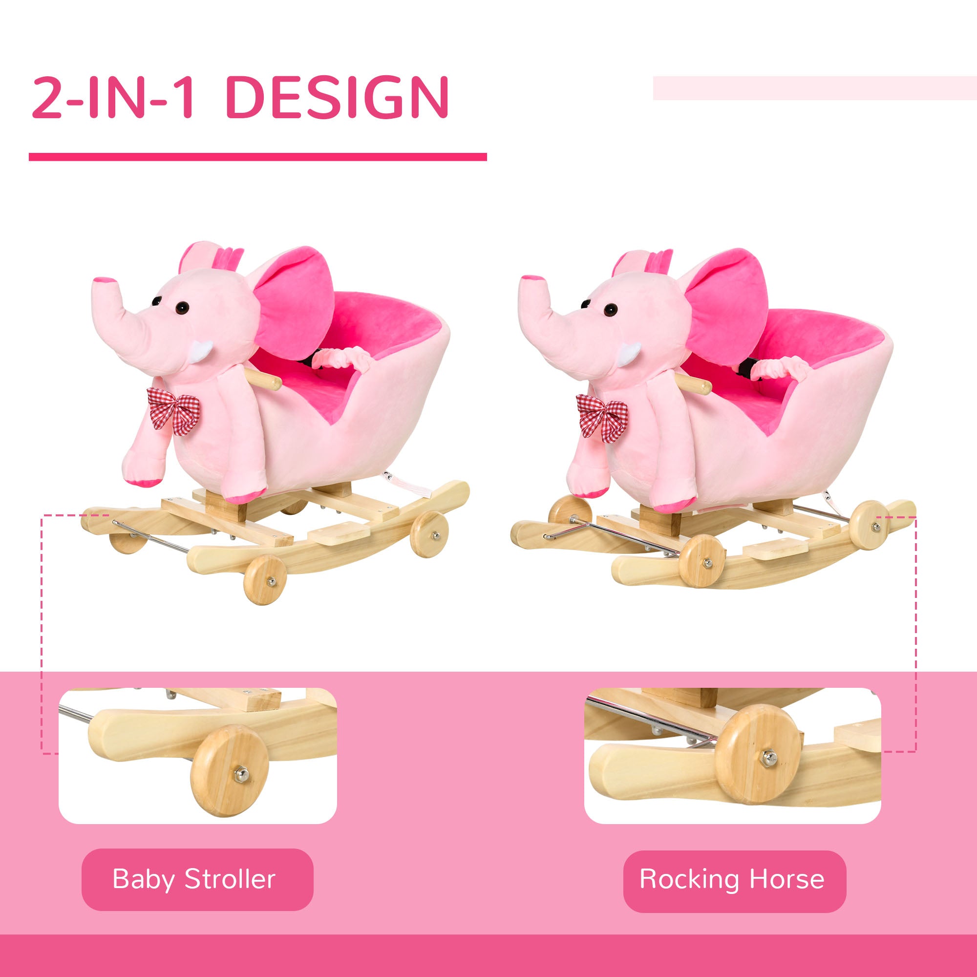 HOMCOM 2 In 1 Plush Baby Ride on Rocking Horse Elephant Rocker with Wheels Wooden Toy for Kids 32 Songs for 18+ Months (Pink) 