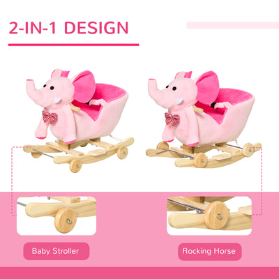 HOMCOM 2 In 1 Plush Baby Ride on Rocking Horse Elephant Rocker with Wheels Wooden Toy for Kids 32 Songs for 18+ Months (Pink) 