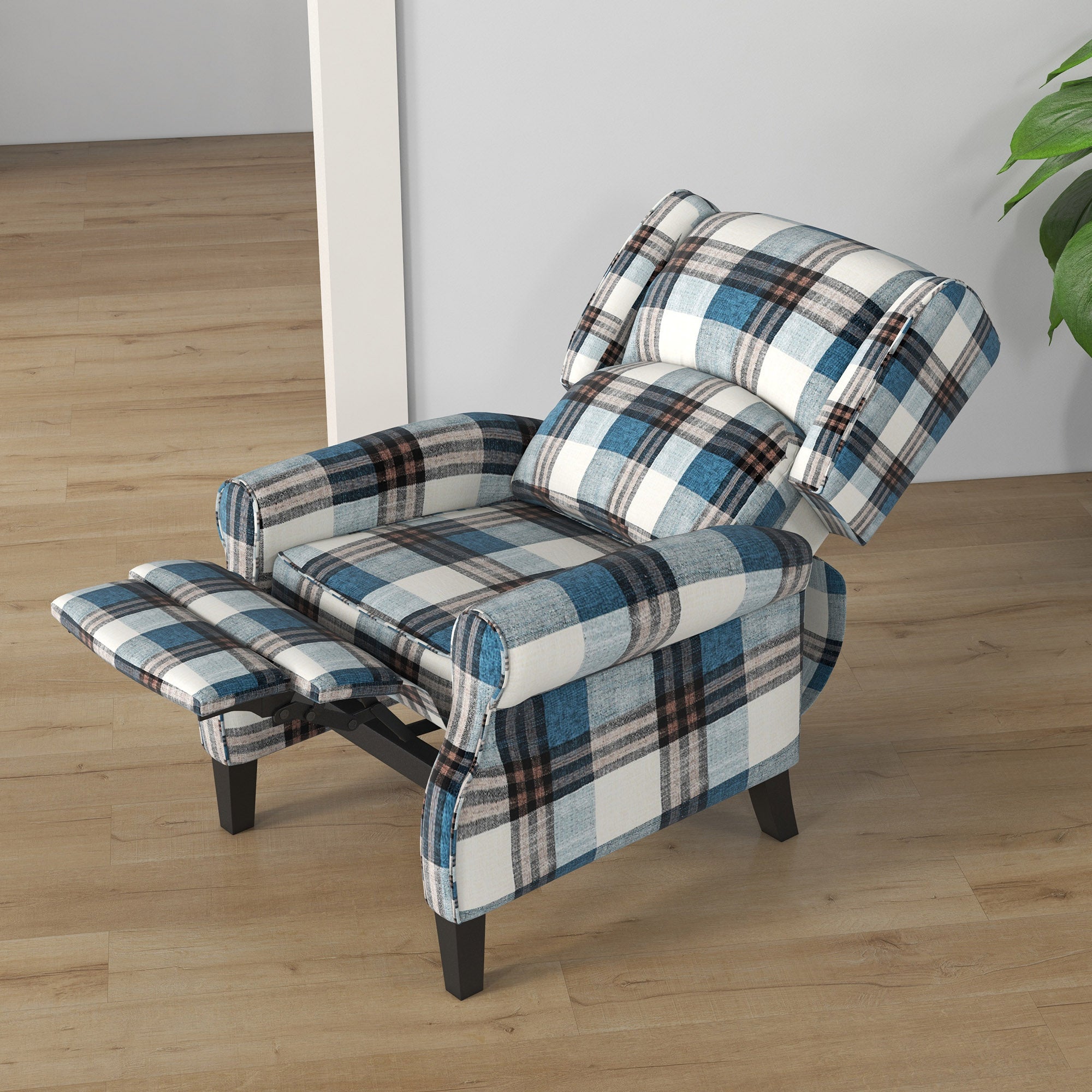 HOMCOM Wingback Reclining Chair Push Back Recliner Armchair for Living Room Bedroom with Footrest Armrests Wood Legs Blue 