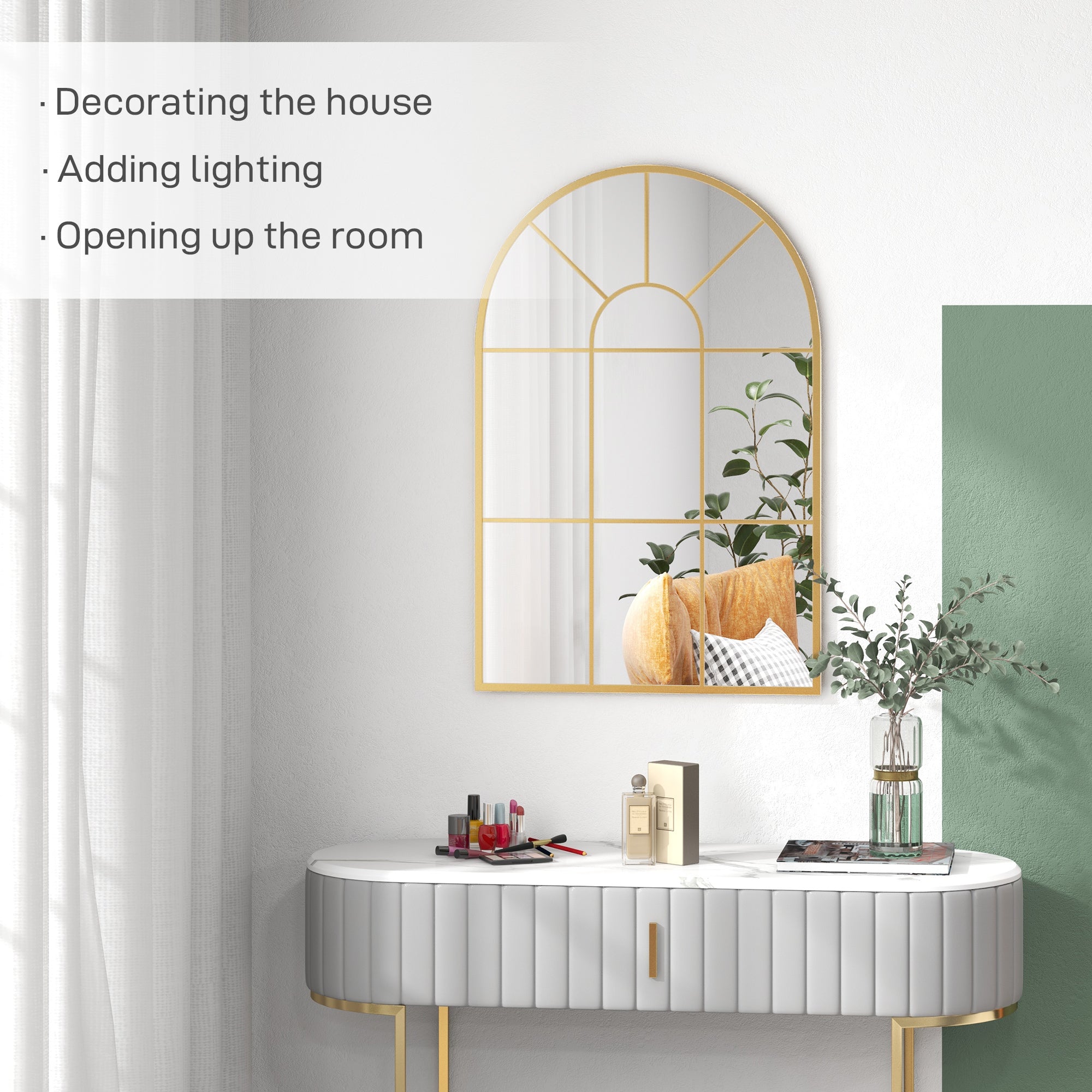 HOMCOM Modern Arched Wall Mirror, 91 x 60 cm Window Mirrors for Living Room, Bedroom, Gold Tone 