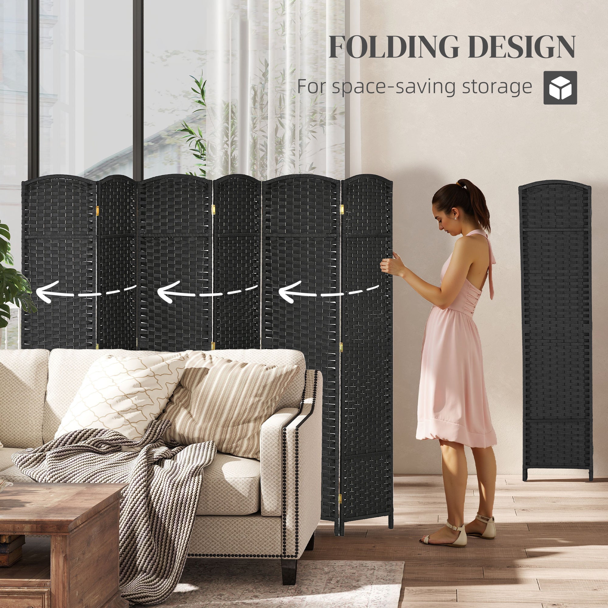 HOMCOM 6 Panel Folding Room Divider, Freestanding Privacy Screen for Living Room, Bedroom and Office, 240 x 170cm, Black 