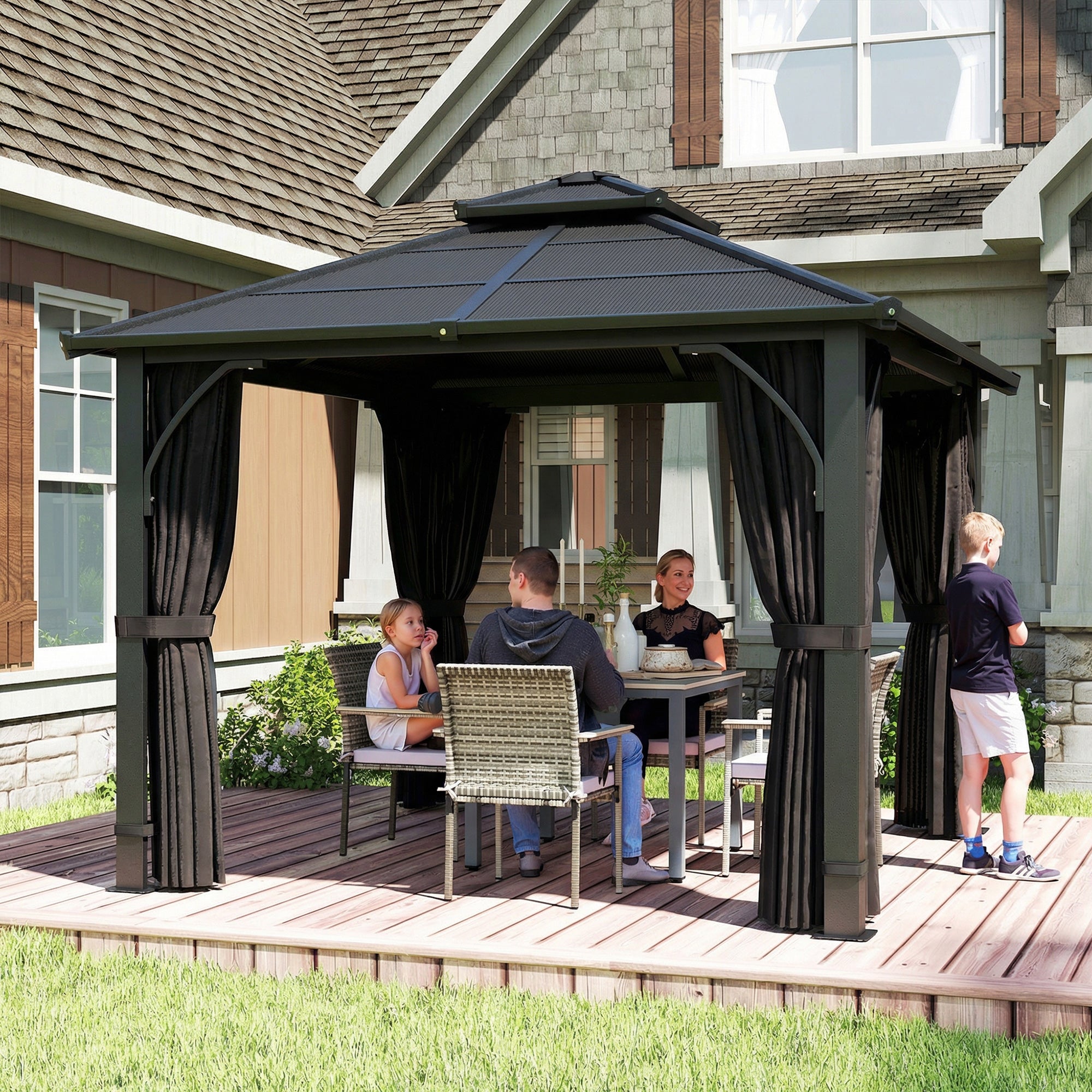 Outsunny 2.5 x 2.5 m Hardtop Gazebo Canopy with 7mm PC Roof, Garden Gazebo Permanent Pavilion with Netting, Curtains, Dark Grey 