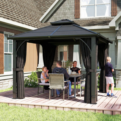 Outsunny 2.5 x 2.5 m Hardtop Gazebo Canopy with 7mm PC Roof, Garden Gazebo Permanent Pavilion with Netting, Curtains, Dark Grey 