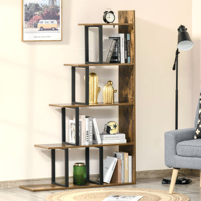 HOMCOM 5-Tier Bookcase, Wooden Ladder Bookshelf Display Stand, Rustic Brown 