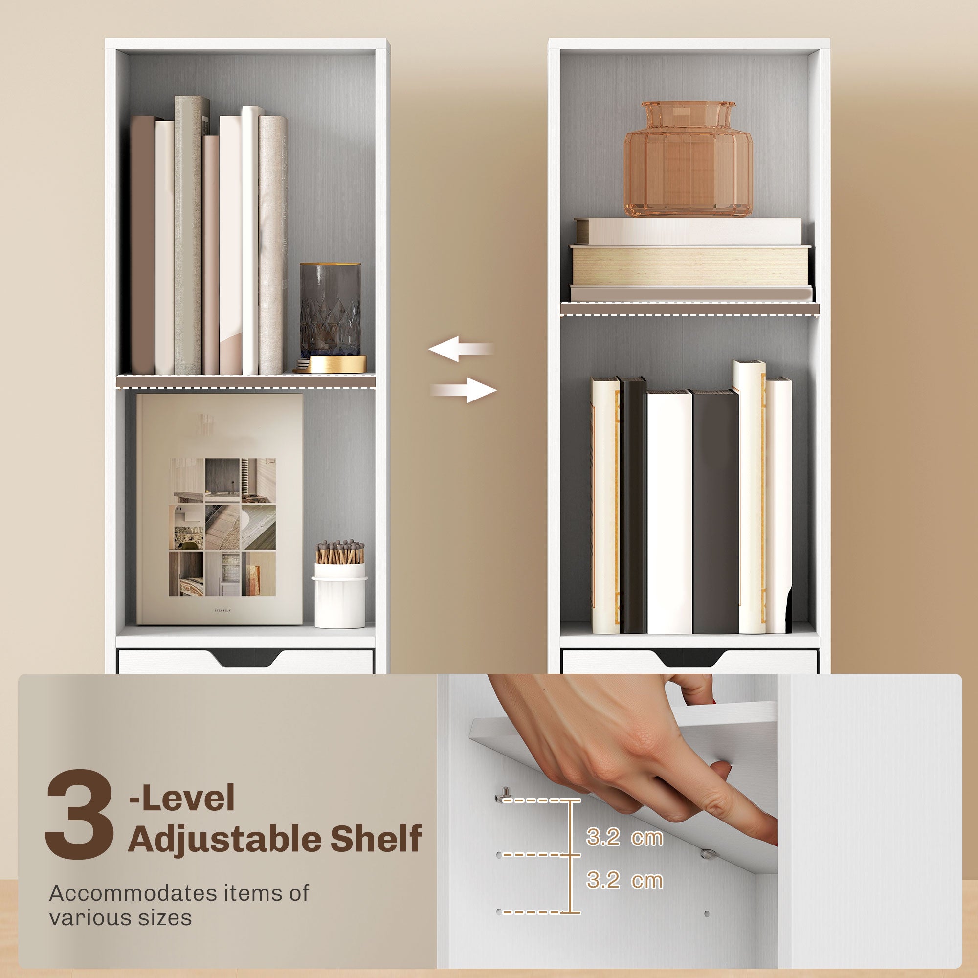 HOMCOM 6-Tier Bookcase, Tall Narrow Bookshelf with Drawer and Door - White 