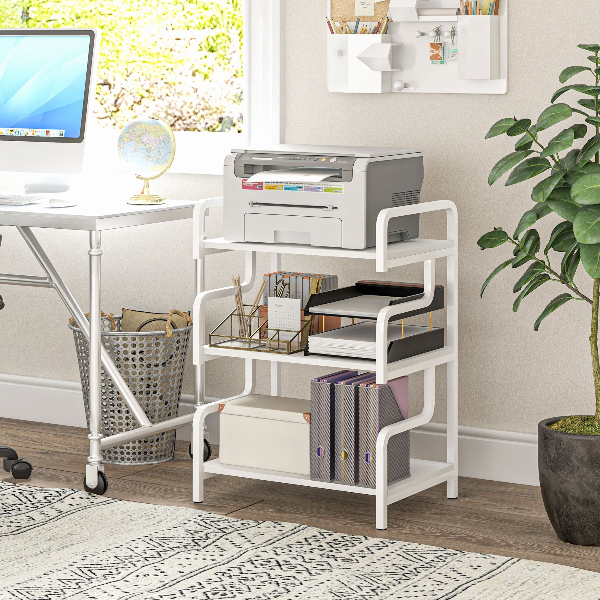 HOMCOM 3-Tier Printer Stand with Storage Shelves, Printer Table, 55 x 40 x 77cm Printer Shelf for Home Office, Study, White 