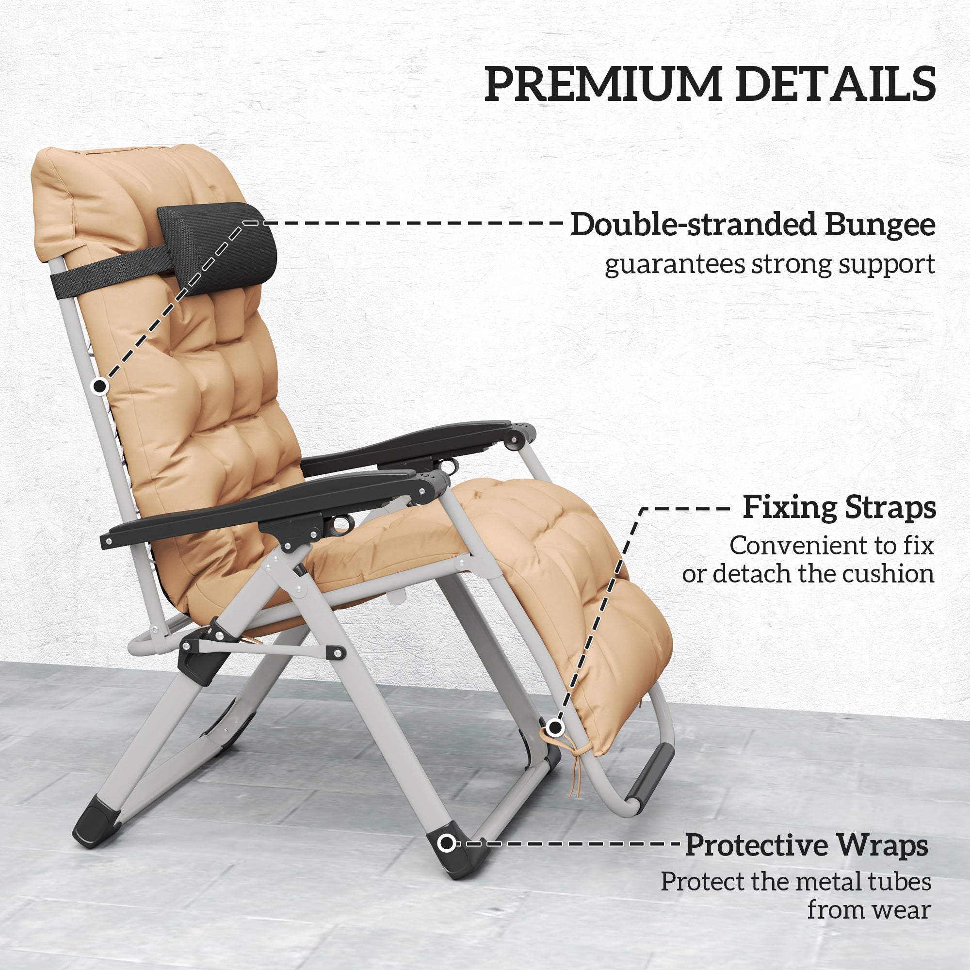 Outsunny 2 Piece Reclining Zero Gravity Sun Loungers with Cushions, Khaki 