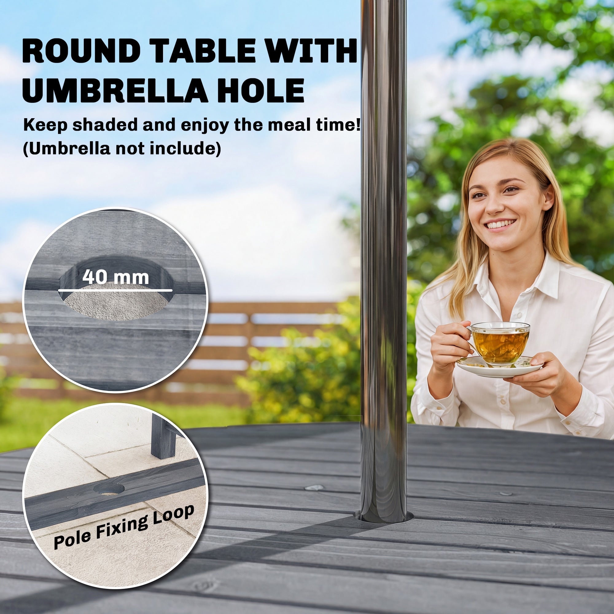 Outsunny 5 Pieces Garden Dining Set with Parasol Hole, Round Outdoor Table and Chairs, 4 Seater Wooden Garden Furniture, Grey 