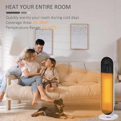 HOMCOM Ceramic Space Heater, Indoor Tower Heater with 2 Heat, Oscillation, Remote Control, Timer, Tip-Over & Overheating Protection, 1200W/2000W, White 