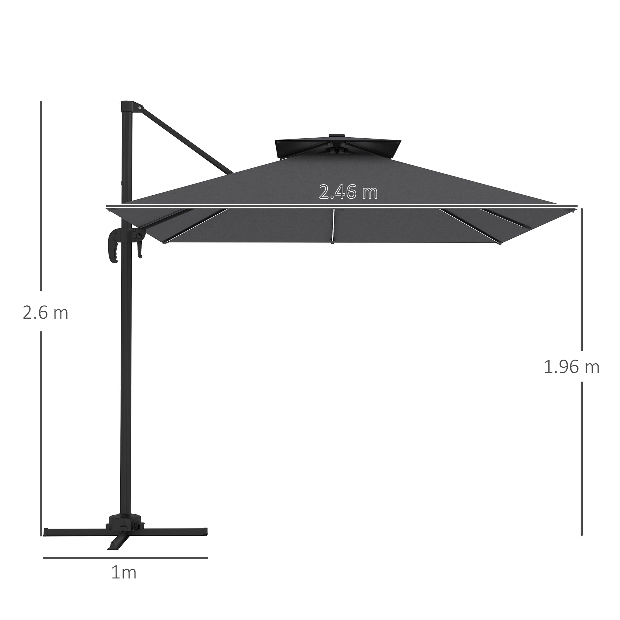 Outsunny 2.5m Cantilever Parasol with Solar Powered LED Lights, 360° Rotation, Tilt Adjustment, Crank Handle, Dark Grey 