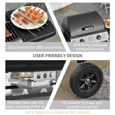 Outsunny 2 Burner Gas BBQ Trolley with Lid, 5.6 kW Gas Barbecue Grill with Wheels, Side Shelves, Grey 
