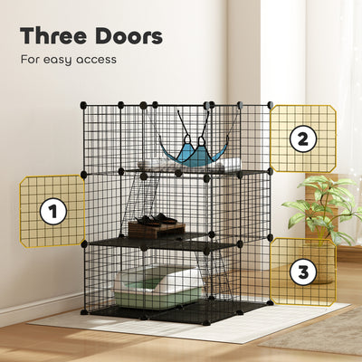 PawHut Indoor Cat Cage DIY Customizable 3-Tier Indoor Cat Enclosure with 3 Doors and Hammock 105 cm Black 