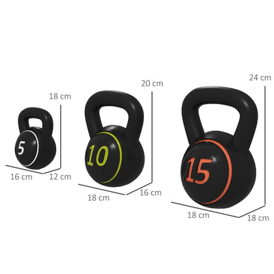 SPORTNOW Three-Piece Kettlebell Set, 5lbs, 10lbs, 15lbs with Storage Tray 