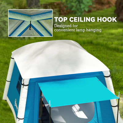 Outsunny Inflatable Camping Tent w/ Hand Pump, Easy Setup 1/2 Person Blow Up Tent Waterproof 190T Taffeta w/ Mesh Windows, Doors and Carry Bag, Light Blue 