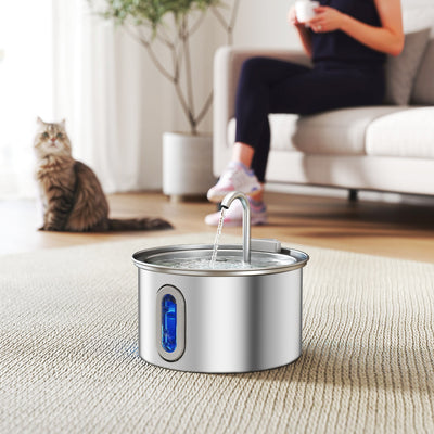 PawHut 2.5L Stainless Steel Cat Water Fountain for Drinking with Ultra-Silent Pump, Water-Level Window, Filters 