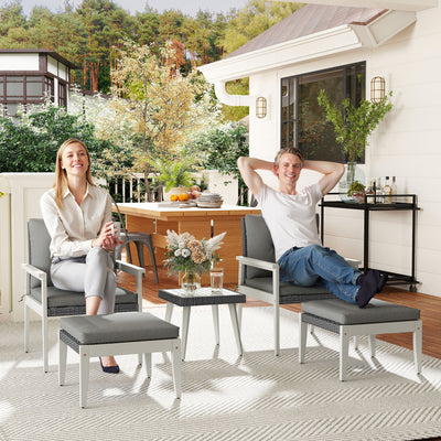 Outsunny 5 Pieces Rattan Garden Furniture Set, Patio Conversation Set with Cushions, Acacia Wood Top Coffee Table and Footstools, Outdoor Table and Chairs for Balcony, Terrace and Conservatory, Grey 