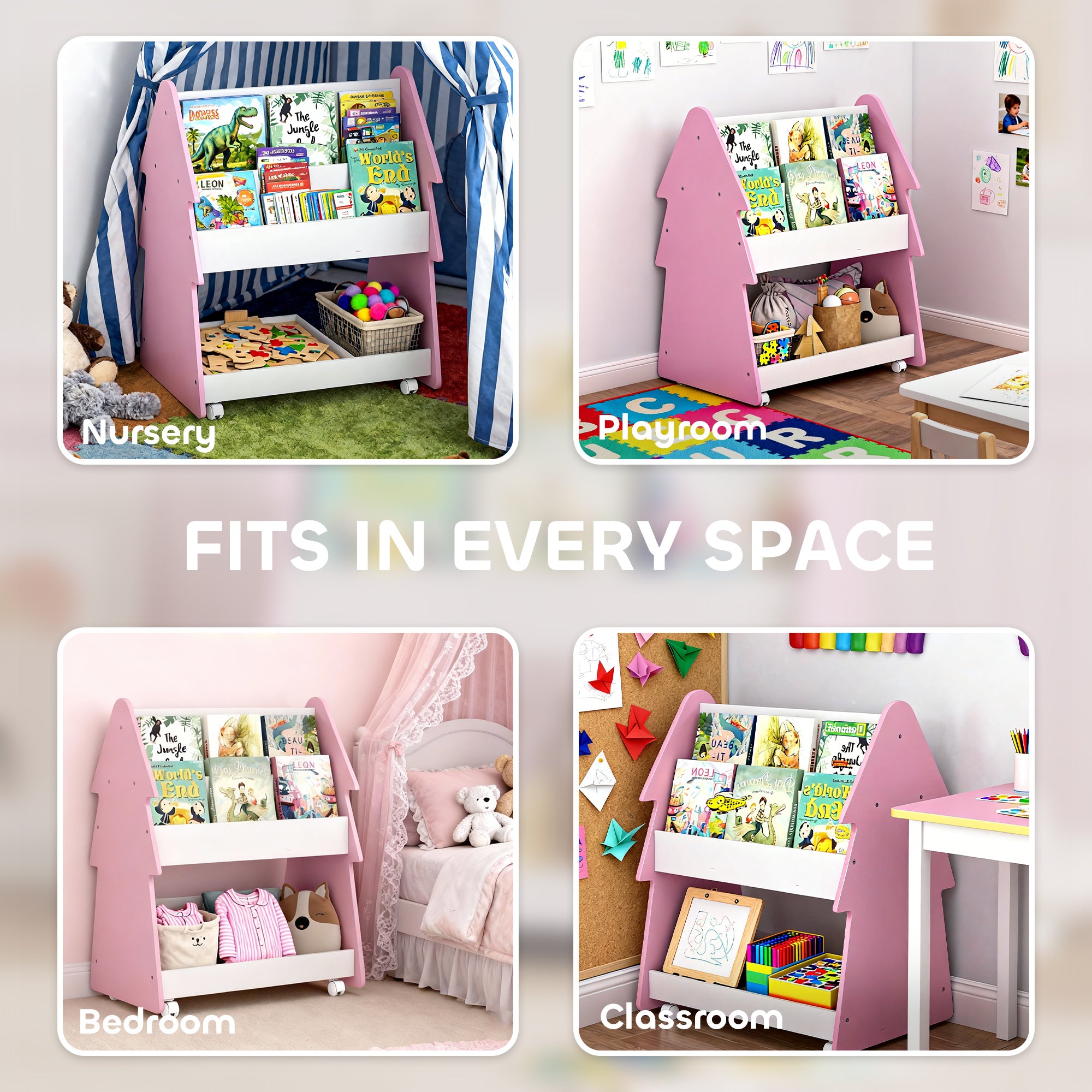 AIYAPLAY Kids Bookshelf with Toy Storage, Double-Sided Bookcase with Wheels, 3 Tier Kids Book Rack for Bedroom, Pink 