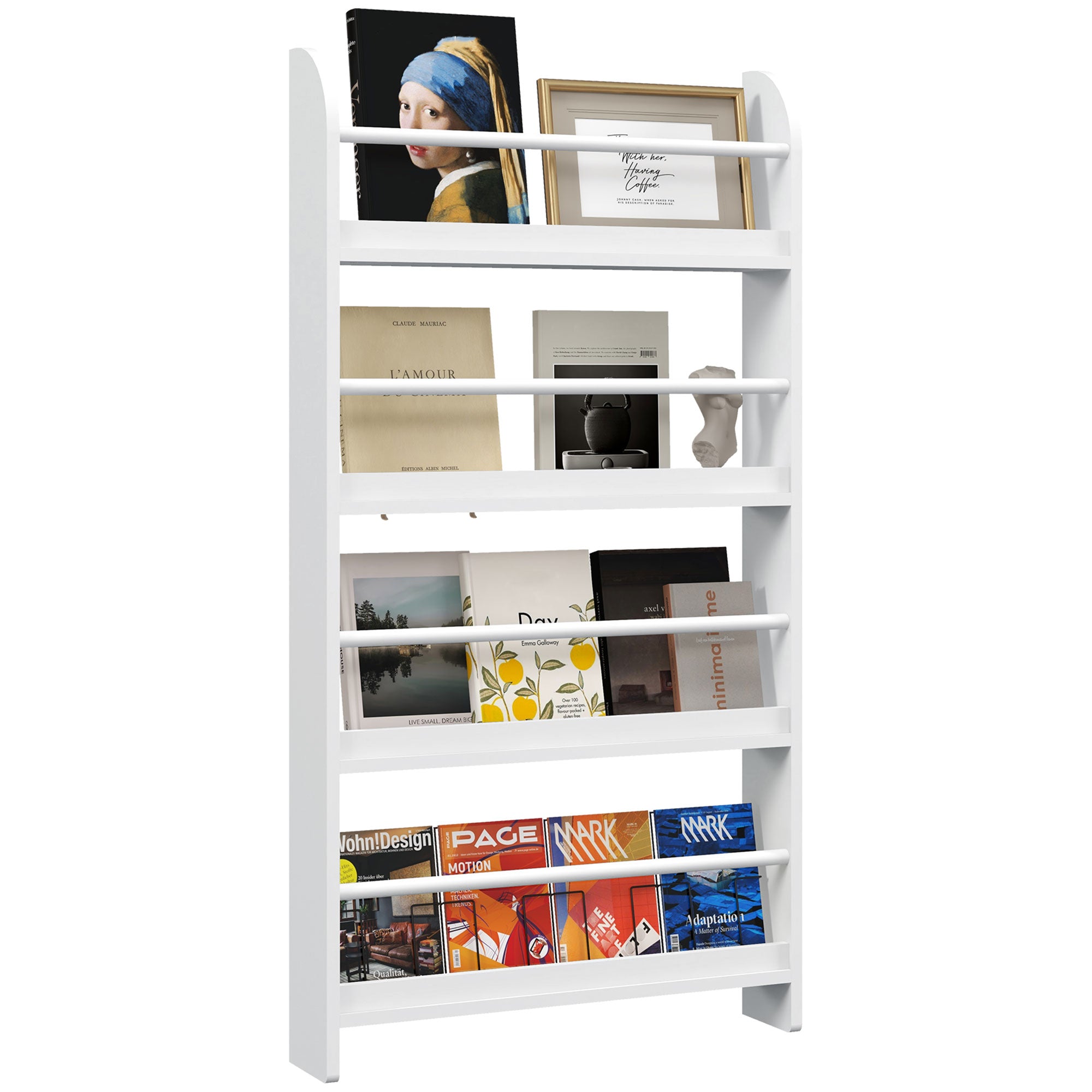 HOMCOM Wood Wall/Standing Magazine Holders Book Rack Shelf 4 Tiers Space Saving Design Water Resist Home Office Decoration 