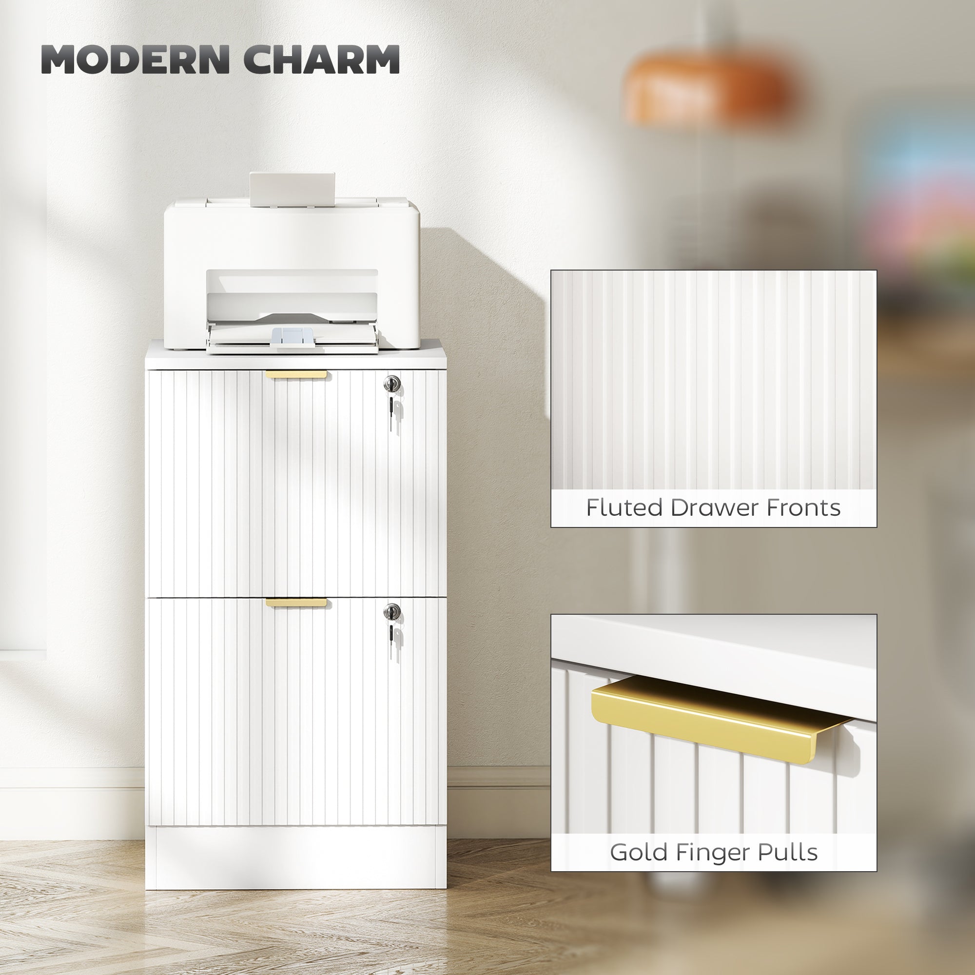 HOMCOM Filing Cabinet, Fluted Vertical File Cabinet with 2 Lockable Drawers and Hanging Rails, White 