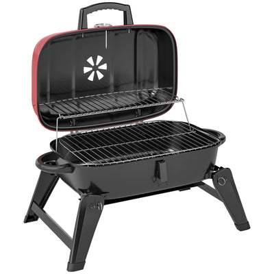 Outsunny Charcoal Barbecue Grill Folding BBQ Grill with 1232 cm² Cooking Area, Adjustable Vent, Thermometer, Handles for Camping Picnic, Red 