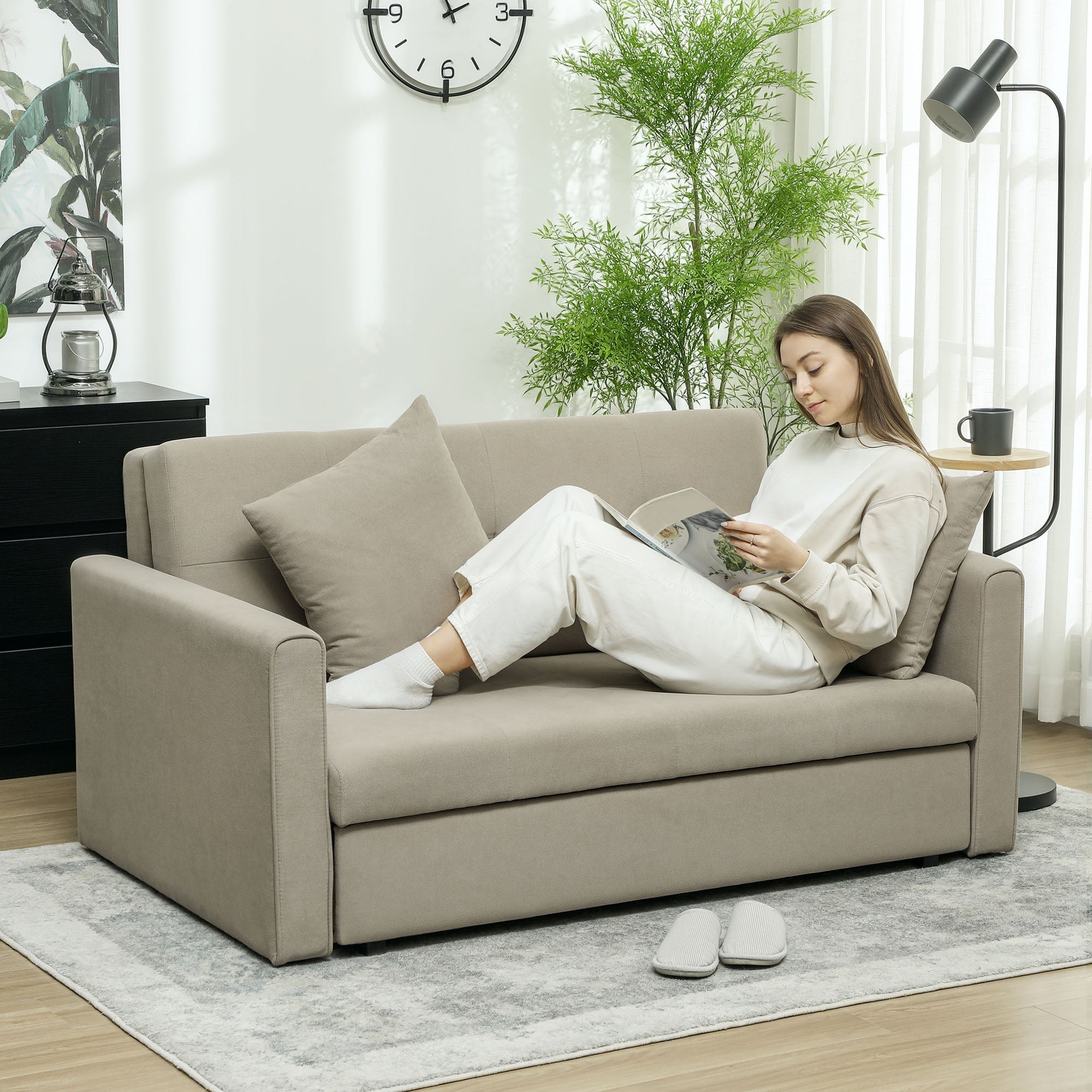 HOMCOM 2 Seater Sofa Bed, Convertible Bed Settee, Modern Fabric Loveseat Sofa Couch with 2 Cushions, Hidden Storage for Living Room, Guest Room, Light Brown 