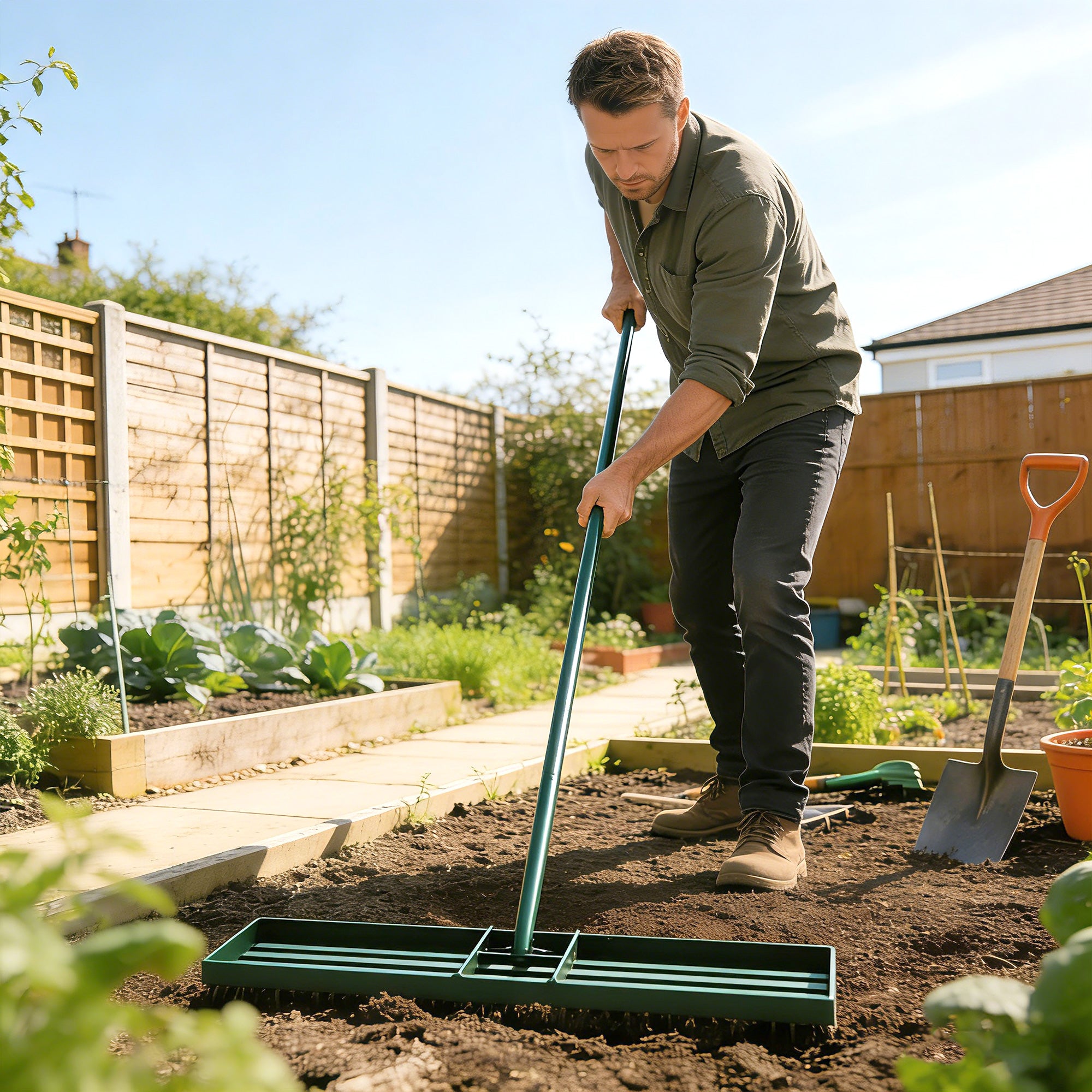 Outsunny Lawn Levelling Rake, 76 x 26 cm Lawn Leveller Lute with 169 cm Handle for Grass Soil Sand Yard Golf Course 