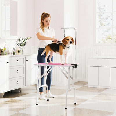 PawHut 32" Foldable Dog Grooming Table Pet Drying Beauty Table Adjustable Fixed Arm Rubber Top, Pink 