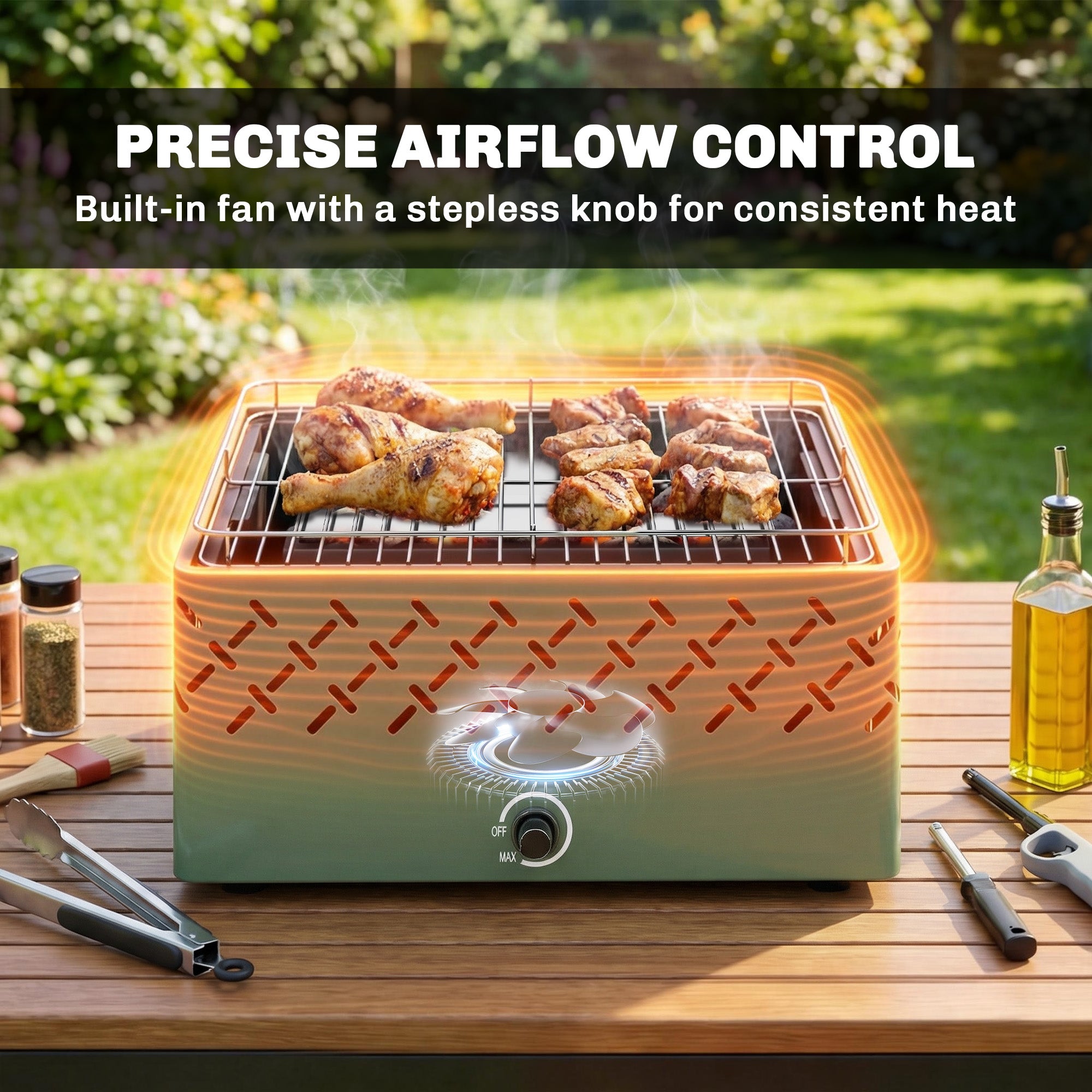 Outsunny Portable Charcoal BBQ Grill, Battery Powered Barbecue Grill with Built-in Fan for Camping Picnic, Light Green 
